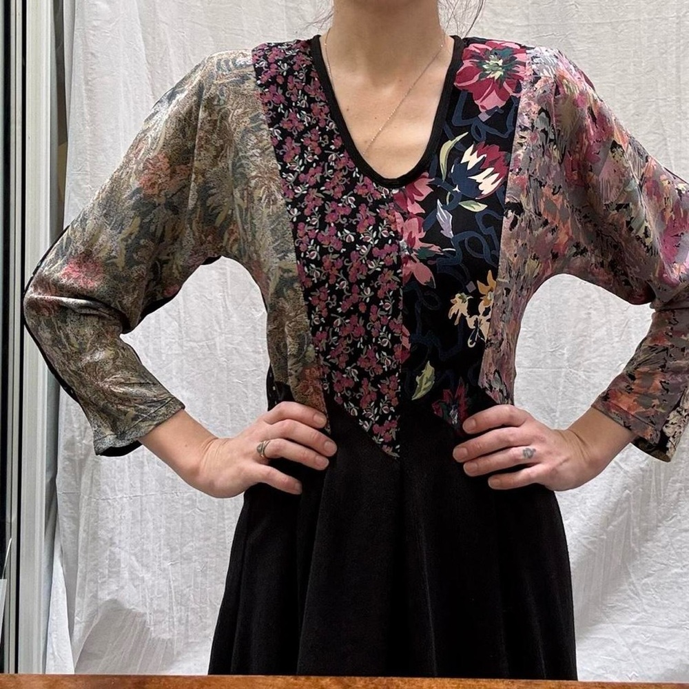 Black Floral Patchwork Midi Dress Vintage 90s Whimsygoth Boho Witchy - Picture 3 of 8